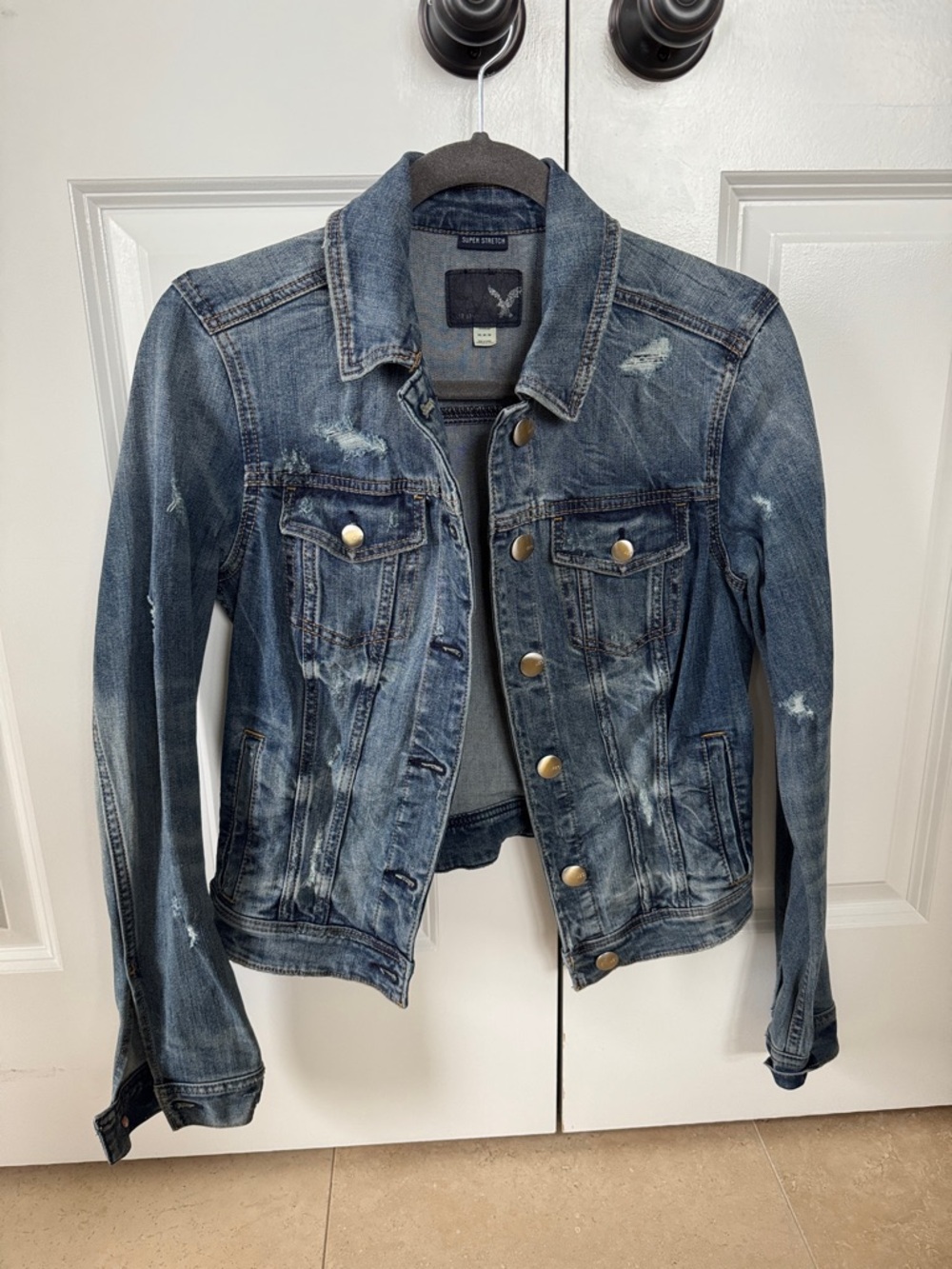 American Eagle Outfitters Distressed Stretch Blue Denim Jacket